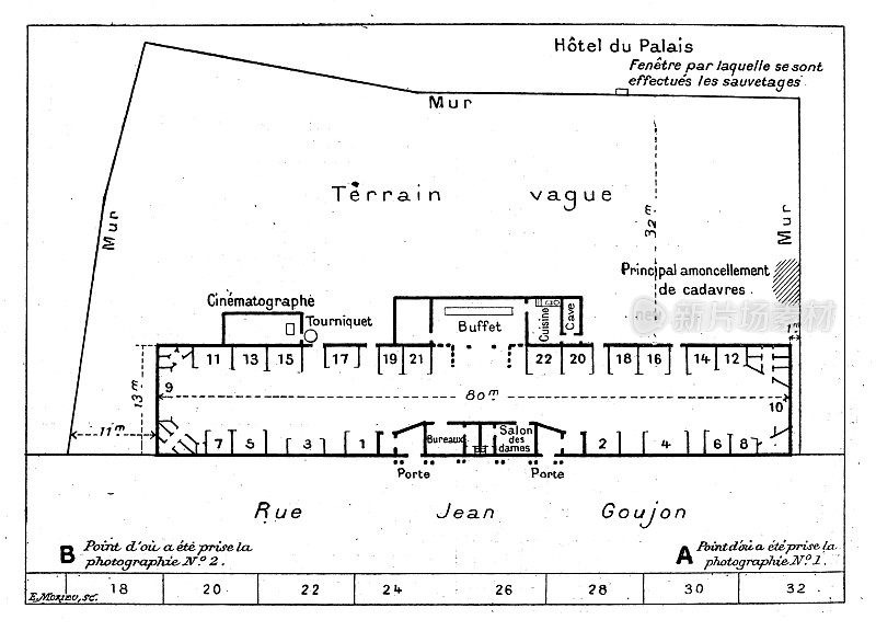 古董图片:巴扎尔德拉Charité 1897年巴黎大火。网站计划图